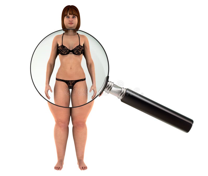 Grosse motivation de perte de poids de femme avec la loupe illustration stock Grosse motivation de perte de poids de femme avec la loupe illustration stock