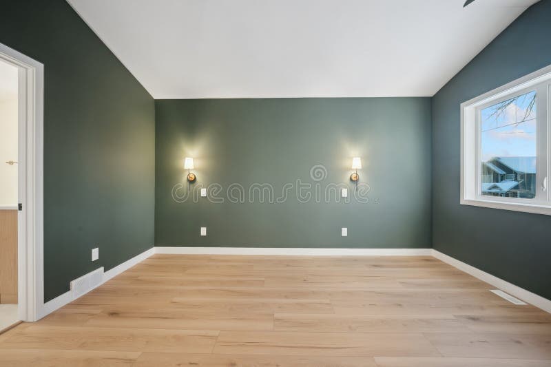 Grosses Zimmer mit grüner Wand und Parkett stockbilder