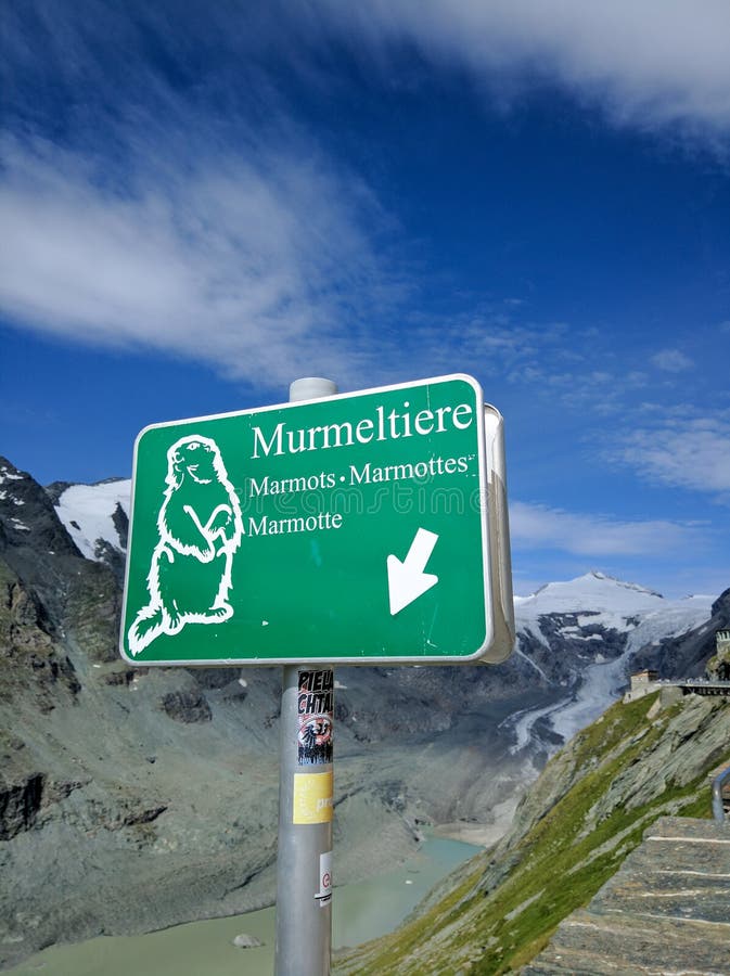 Grossglockner high alpine road against the blue sky. Sign of the habitat of marmot gophers. Vertical. Grossglockner, Austria.