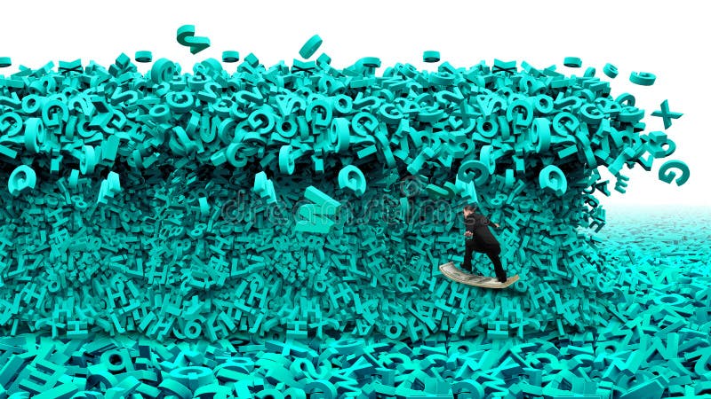 Grote Gegevens De reusachtige golf van karakterstsunami Raad van het zakenman de surfende geld stock fotografie Grote Gegevens De reusachtige golf van karakterstsunami Raad van het zakenman de surfende geld stock fotografie