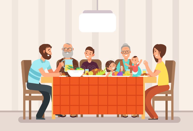 Grote gelukkige familie die lunch samen in de vectorillustratie van het woonkamerbeeldverhaal eten vector illustratie Grote gelukkige familie die lunch samen in de vectorillustratie van het woonkamerbeeldverhaal eten vector illustratie