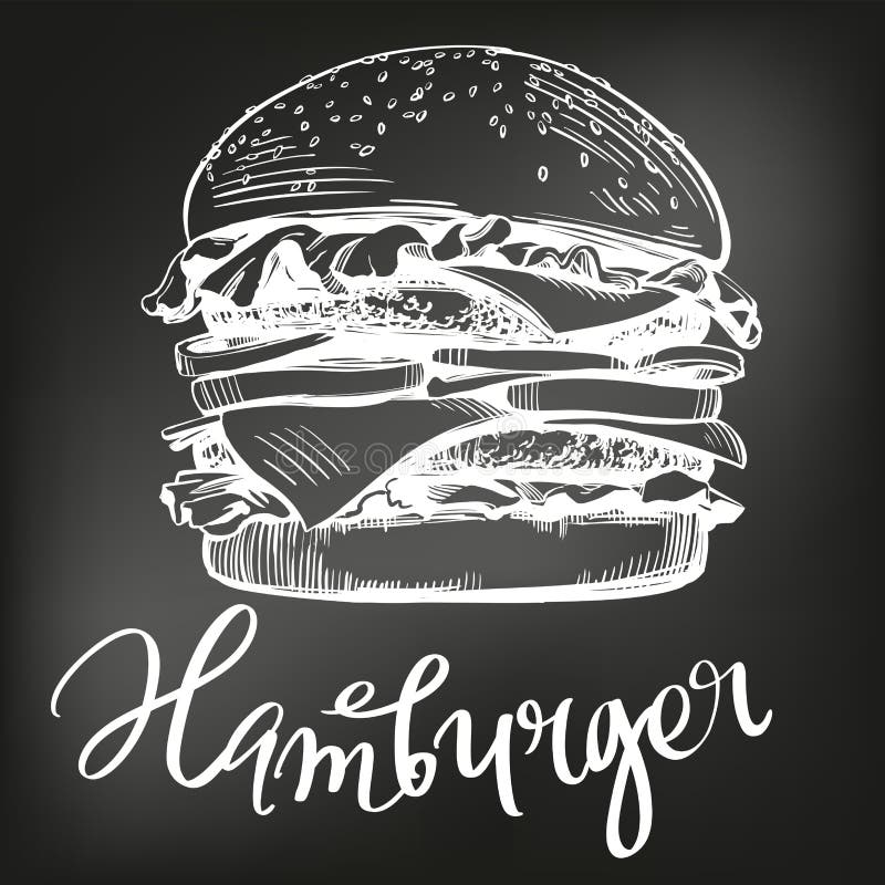 Grote hamburger, schets van de hamburger de hand getrokken vectorillustratie krijtmenu Retro stijl stock illustratie Grote hamburger, schets van de hamburger de hand getrokken vectorillustratie krijtmenu Retro stijl stock illustratie