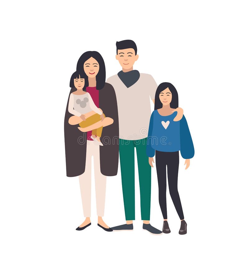 Grote houdende van Aziatische familie Vader, peuter van de moederholding en tienerdochter die zich de verenigen Mooi vlak beeldve royalty-vrije illustratie Grote houdende van Aziatische familie Vader, peuter van de moederholding en tienerdochter die zich de verenigen Mooi vlak beeldve royalty-vrije illustratie