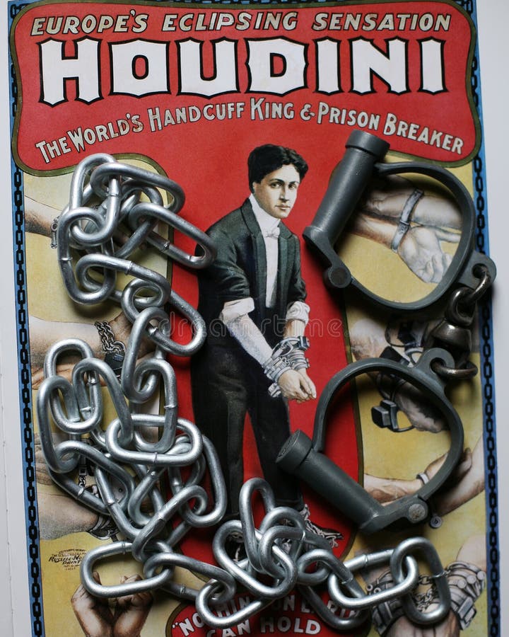 Grote Houdini-handcuff koningsaffiche met handcuffs en kettingen royalty-vrije stock fotografie Grote Houdini-handcuff koningsaffiche met handcuffs en kettingen royalty-vrije stock fotografie
