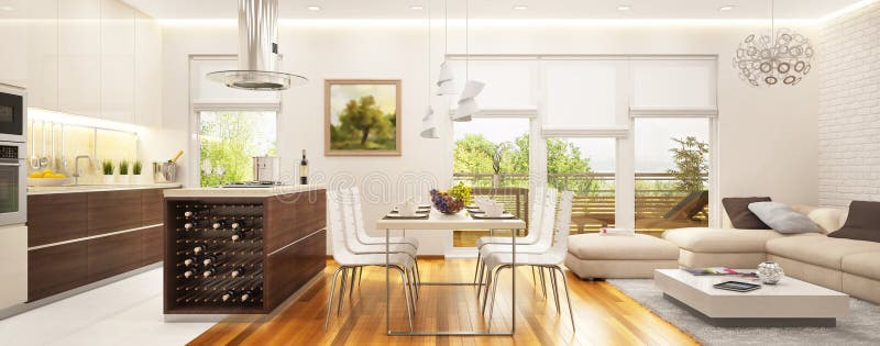 Grote moderne die keuken met een woonkamer met grote vensters wordt gecombineerd stock afbeelding Grote moderne die keuken met een woonkamer met grote vensters wordt gecombineerd stock afbeelding