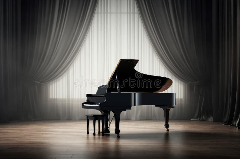 Ornate Grand piano scene. Curtain orchestra. Generate Ai. Ornate Grand piano scene. Curtain orchestra. Generate Ai