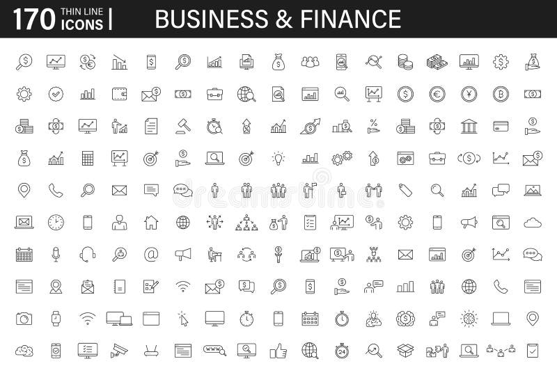 Grote reeks van 170 Bedrijfs en Financiënwebpictogrammen in lijnstijl Geld, bank, infographic contact, Bruikbaar voor Webontwerp Grote reeks van 170 Bedrijfs en Financiënwebpictogrammen in lijnstijl Geld, bank, infographic contact, Bruikbaar voor Webontwerp