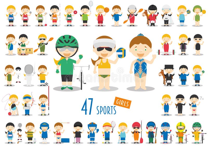 Grote Reeks van 47 leuke karakters van de beeldverhaalsport voor jonge geitjes Grappige beeldverhaalmeisjes stock illustratie Grote Reeks van 47 leuke karakters van de beeldverhaalsport voor jonge geitjes Grappige beeldverhaalmeisjes stock illustratie