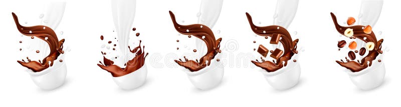 Grote reeks van Plons van Melk en Chocolade en Koffie stock illustratie Grote reeks van Plons van Melk en Chocolade en Koffie stock illustratie