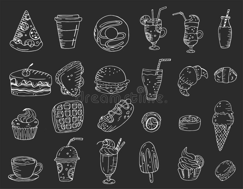 Grote vastgestelde elementen met hand getrokken voedsel, snoepjes en dranken op een bordachtergrond vector illustratie Grote vastgestelde elementen met hand getrokken voedsel, snoepjes en dranken op een bordachtergrond vector illustratie