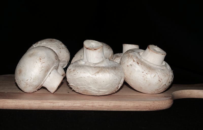 Grote verse champignonpaddestoelen op een houten raad Zwarte achtergrond royalty-vrije stock foto's Grote verse champignonpaddestoelen op een houten raad Zwarte achtergrond royalty-vrije stock foto's