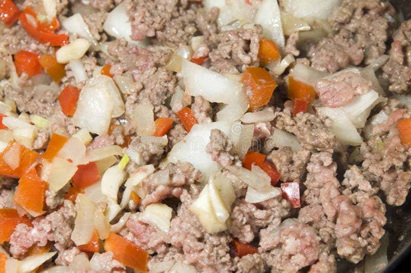 Ground Beef with Onions Peppers for Pasta Sauce Stock Photo Image of