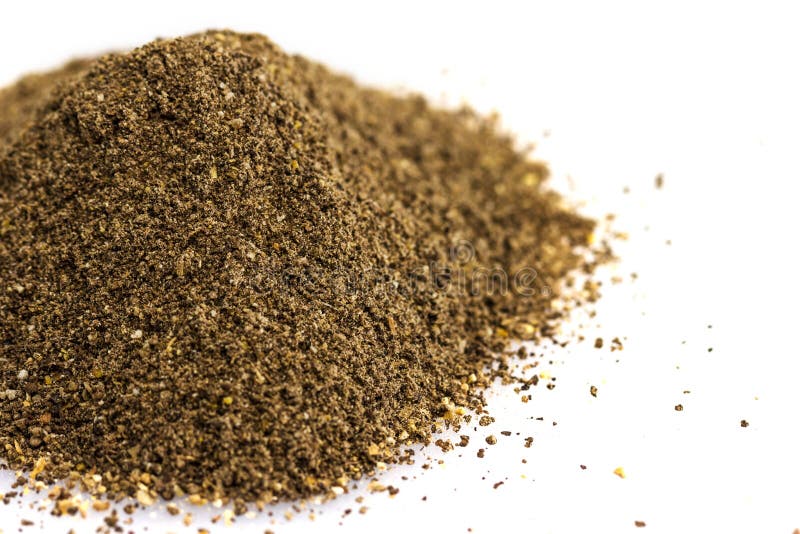 Ground Black Pepper in White Bowl Isolated on White. Front View Stock