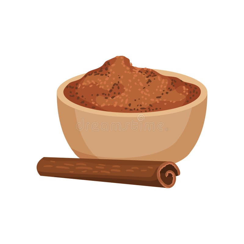 Ground cinnamon in ceramic bowl and one rolled stick. Fragrant spice. Aromatic condiment. Flat vector design stock illustration