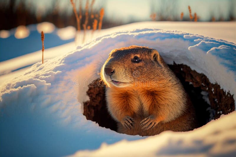 Groundhog covered in snow on Groundhog Day.