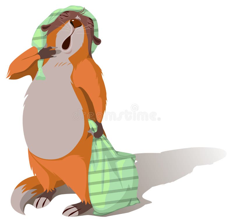 Groundhog dag Sova murmeldjuret som gäspar och rymmer kudden vektor illustrationer Groundhog dag Sova murmeldjuret som gäspar och rymmer kudden vektor illustrationer