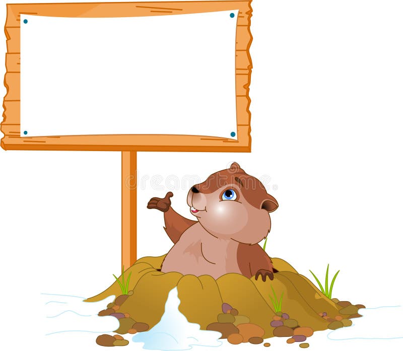 Vector illustration of a cute groundhog popping out of a hole near billboard. Vector illustration of a cute groundhog popping out of a hole near billboard