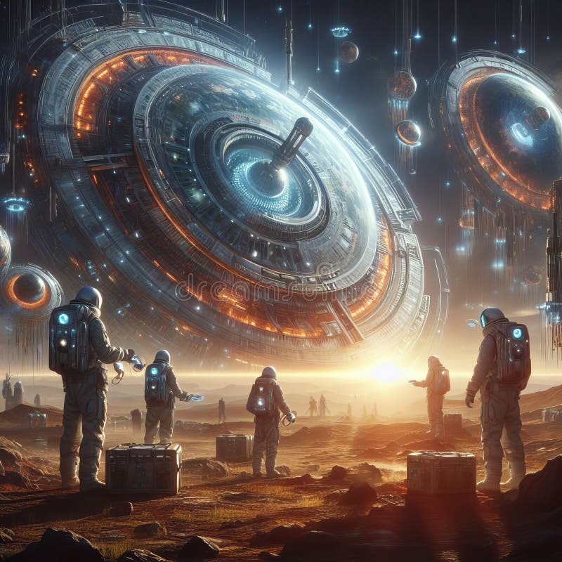 A group of alien scientists unlocking advanced technologies tor stock illustration