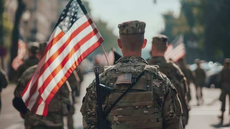 A group of American soldiers in the street, carrying American vector illustration