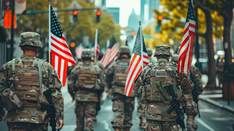 A group of American soldiers in the street, carrying royalty free illustration