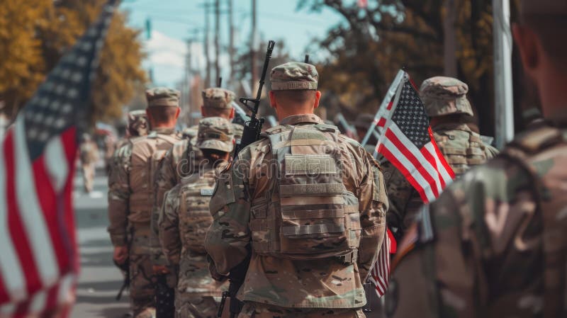 A group of American soldiers in the street, carrying vector illustration
