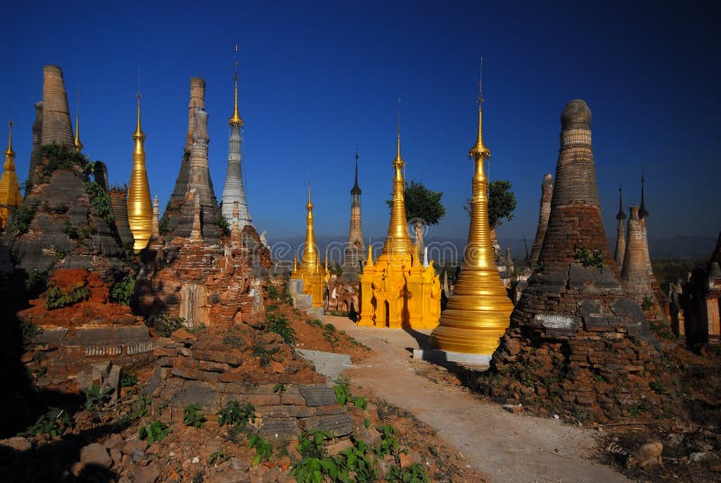 Group of ancient pagodas in temple in Myanmar .