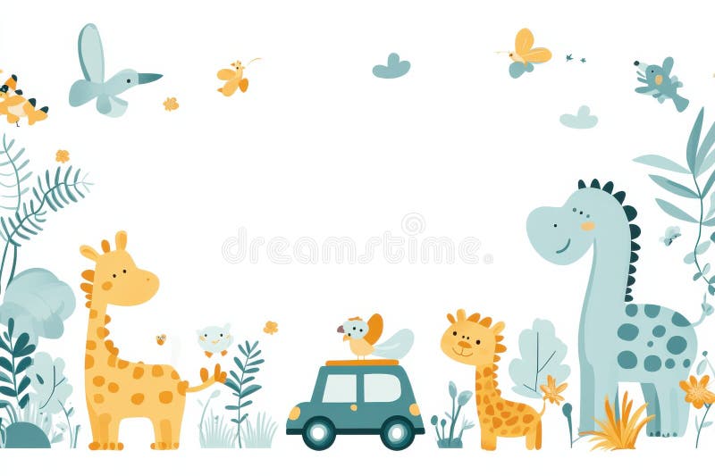 A group of animals are standing in a jungle with a car in the middle stock photos