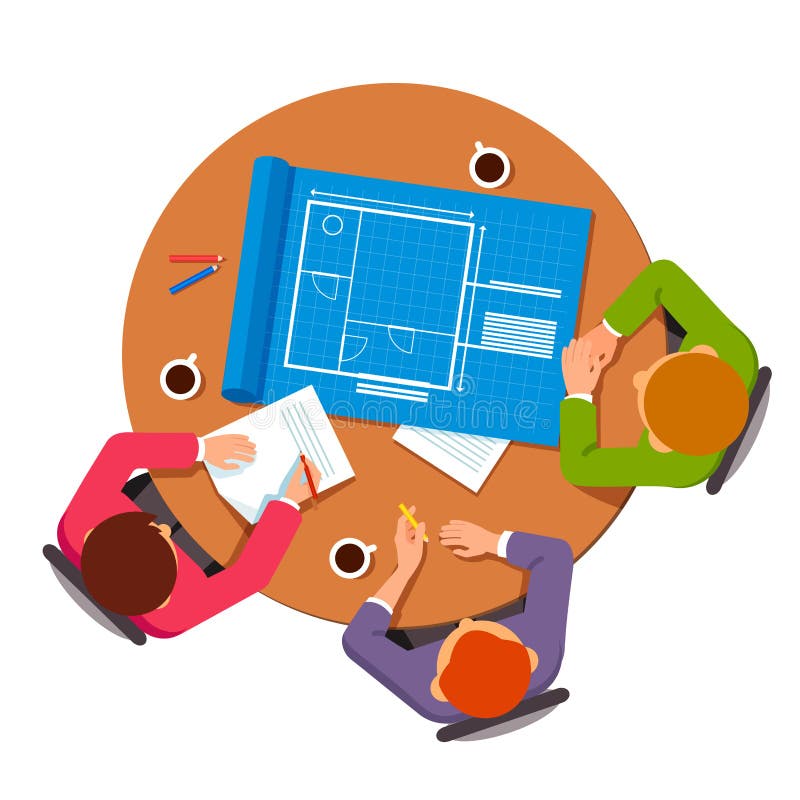 Group of architects discussing building plans vector illustration