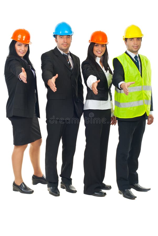 Group of architects in a row with hands open stock photography