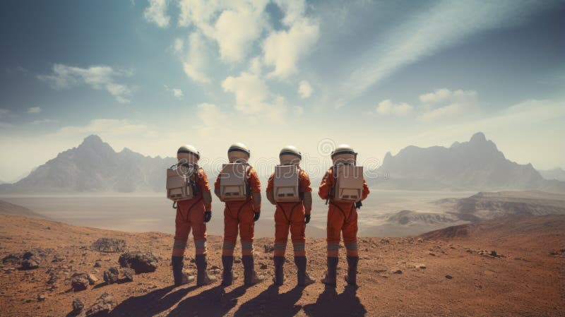 A group of 4 astronauts arrived to explore an alien planet stock illustration