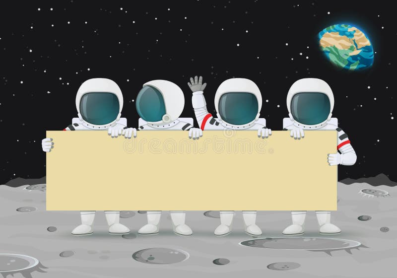 Group of astronauts holding a bid banner standing on a moon surface. Earth and stars in the background. Announcement, celebration, protest stock illustration Group of astronauts holding a bid banner standing on a moon surface. Earth and stars in the background. Announcement, celebration, protest stock illustration