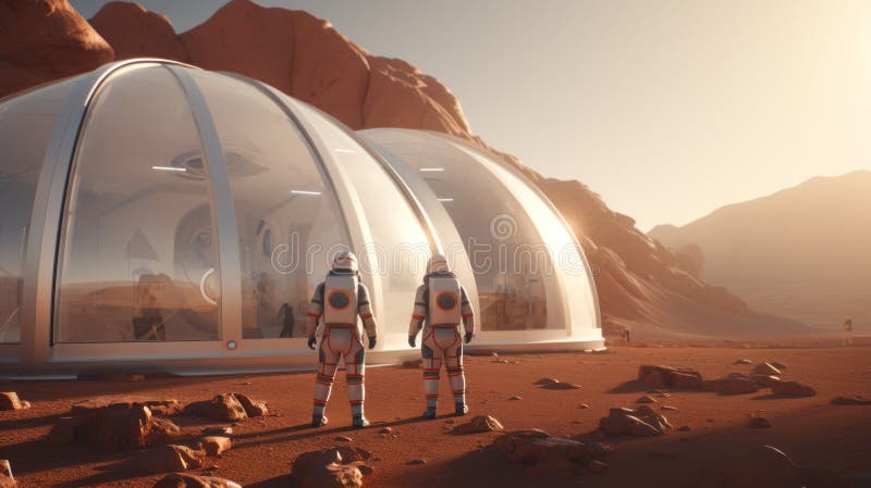 A group of astronauts in spacesuits on an alien planet near dome oxygen structures royalty free illustration