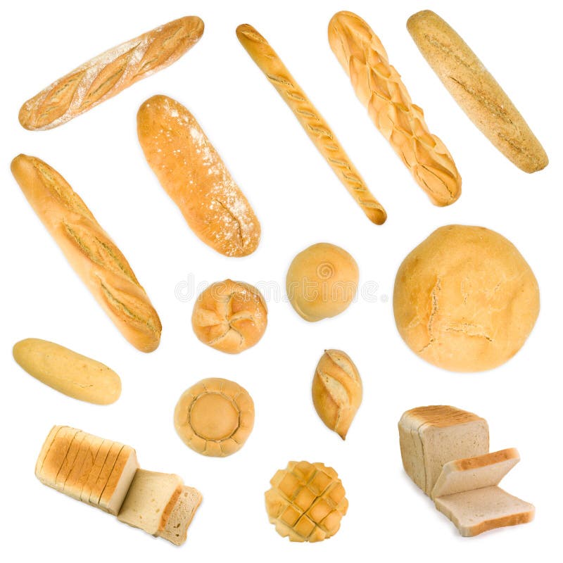 Group of baguettes, buns and sliced bread