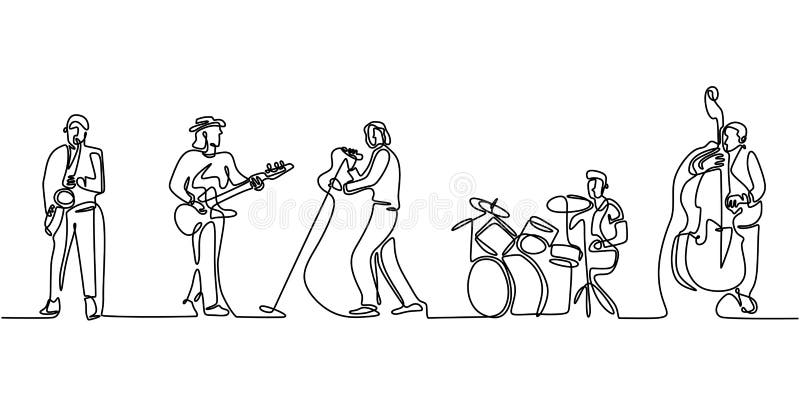 Group band music performance. Continuous one line drawing. Single hand drawn sketch minimalism. People with classical music stock illustration Group band music performance. Continuous one line drawing. Single hand drawn sketch minimalism. People with classical music stock illustration