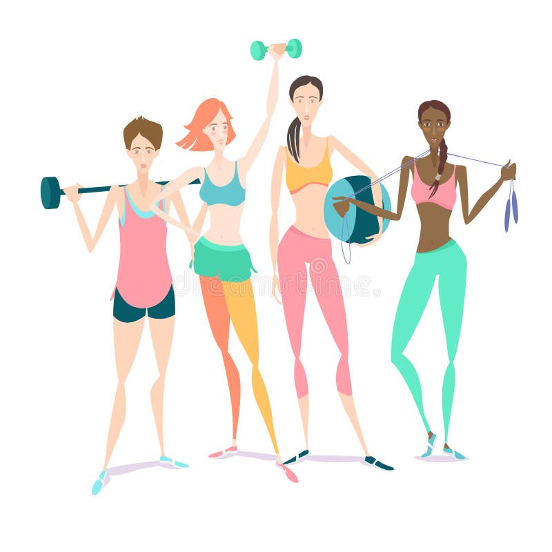 Group of Beautiful Smiling Young Women Standing Holding Fitness Stock ...