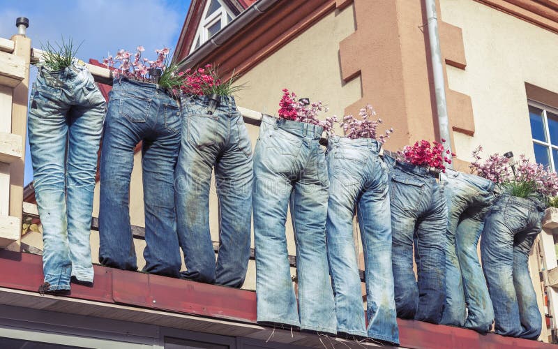 Group of Blue Jeans Used As Flower Pots Stock Photo - Image of ...