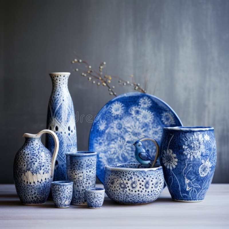 A Group of Blue and White Ceramic Objects Stock Image Image of teapot