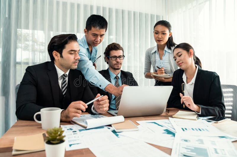 Group of business analyst team analyzing financial data report. Habiliment stock photography