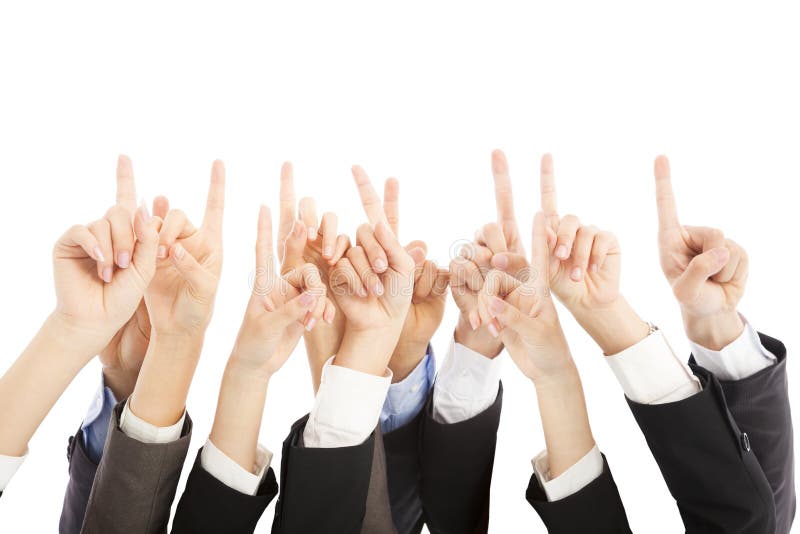Group of business people hands point upward together over white background. Finger point down stock images, royalty-free photos and pictures