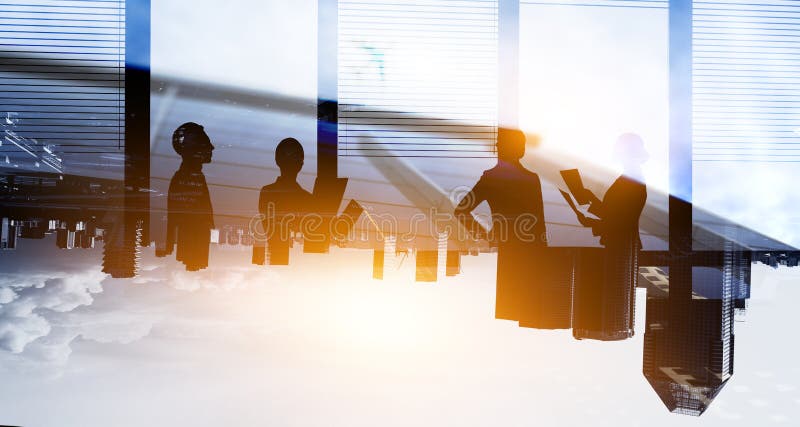 Group of business people outlines with lit background stock photos