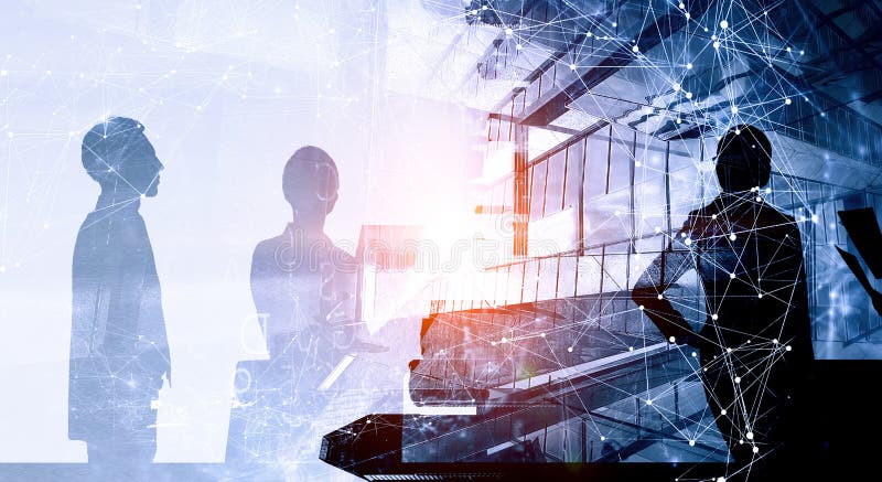Group of business people outlines with lit background stock photos
