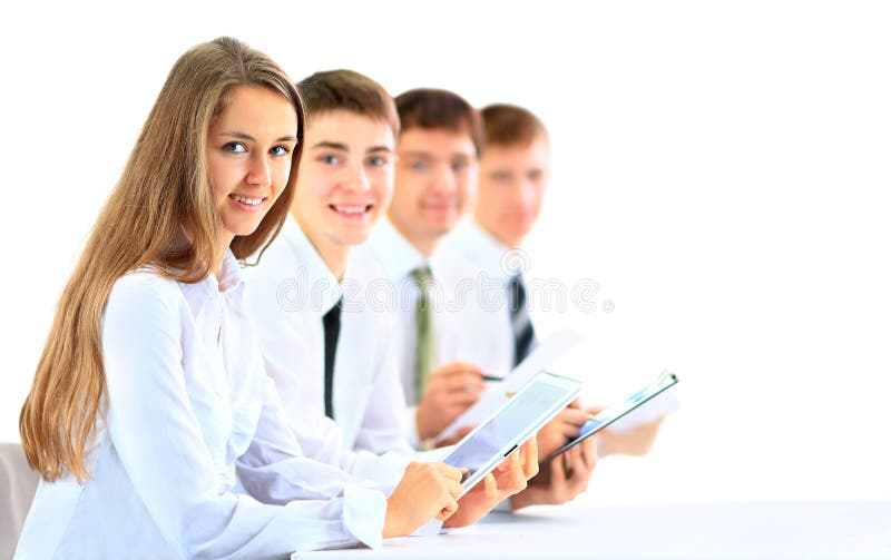 Group of business people using tablet computer