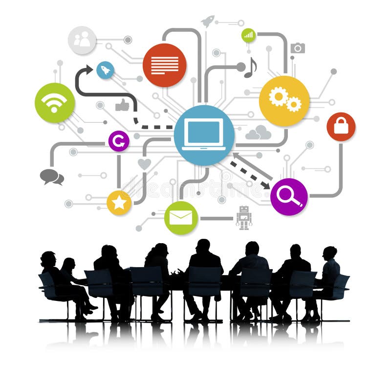 Group Of Business People Working And Global Networking Symbols royalty free stock photos