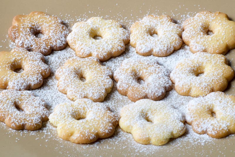 Group of canestrelli biscuits covered with powdered sugar royalty free stock image