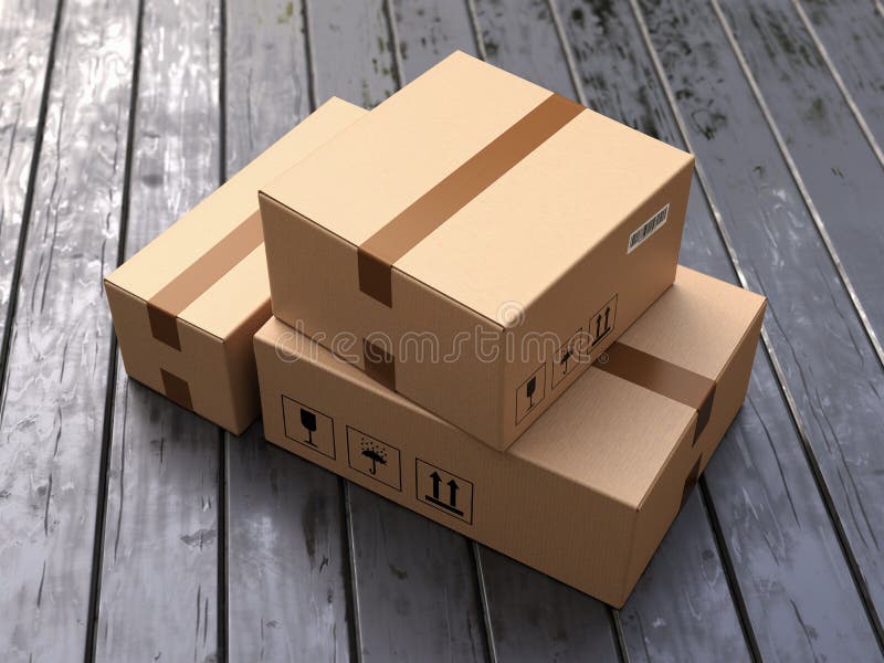 Group of three cardboard boxes on porch floor in front of entrance door. Doorstep parcel delivery, free shipping, and online shopping concept. 3D illustration. Group of three cardboard boxes on porch floor in front of entrance door. Doorstep parcel delivery, free shipping, and online shopping concept. 3D illustration