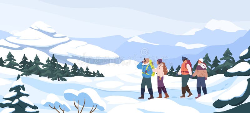 Group of Cartoon Backpacker Winter Hiking at Mountain Landscape Panorama.  Two Active Couple Walking at Snowy Season Stock Vector - Illustration of  hiker, cartoon: 179950105