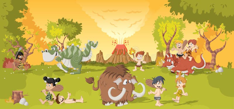 Group of cartoon cavemen on forest vector illustration Group of cartoon cavemen on forest vector illustration