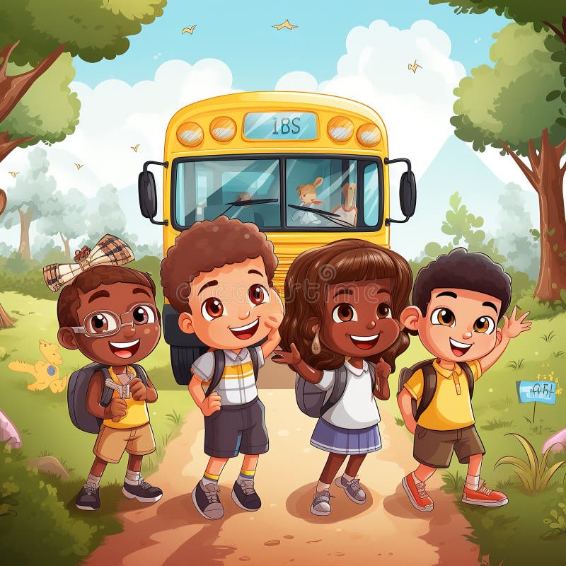 Group of cartoon children with backpacks with school bus. Generative AI. AI generated