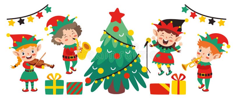 Group Of Cartoon Elfs Celebrating Christmas