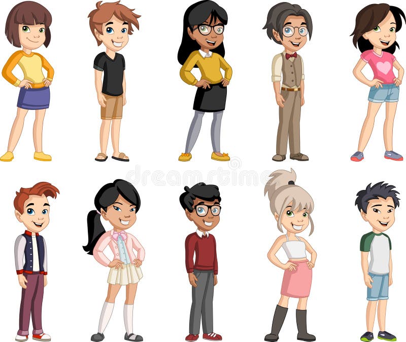 Group of cartoon young children. stock illustration